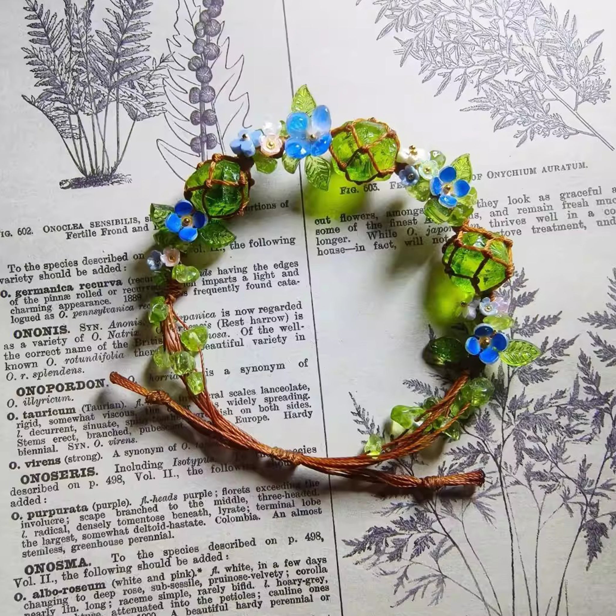 handwoven macramé crystal bracelet with floral charms forestcore jewelry