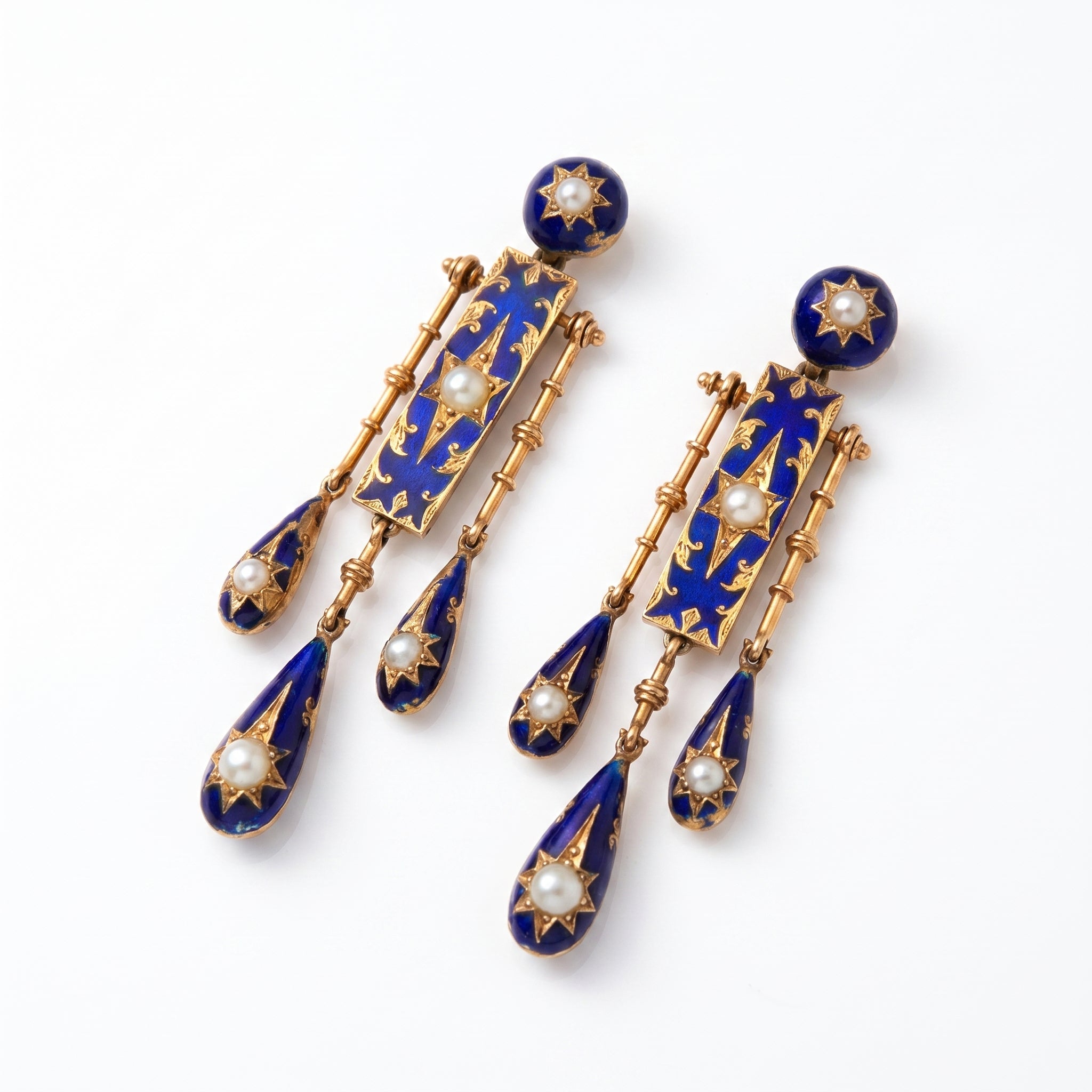 Royal Legacy | Victorian-Inspired Deep Blue Enamel & Pearl Chandelier Earrings