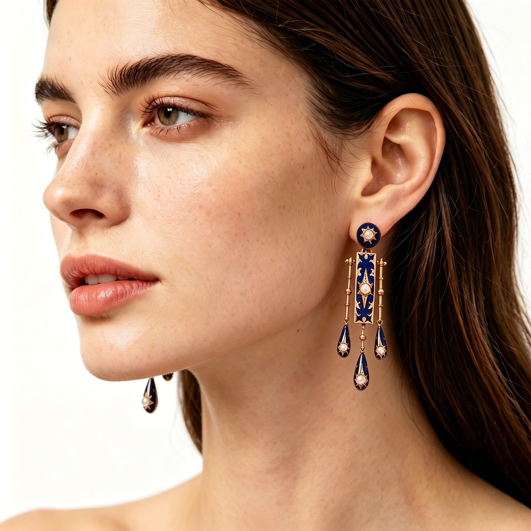 Royal Legacy | Victorian-Inspired Deep Blue Enamel & Pearl Chandelier Earrings