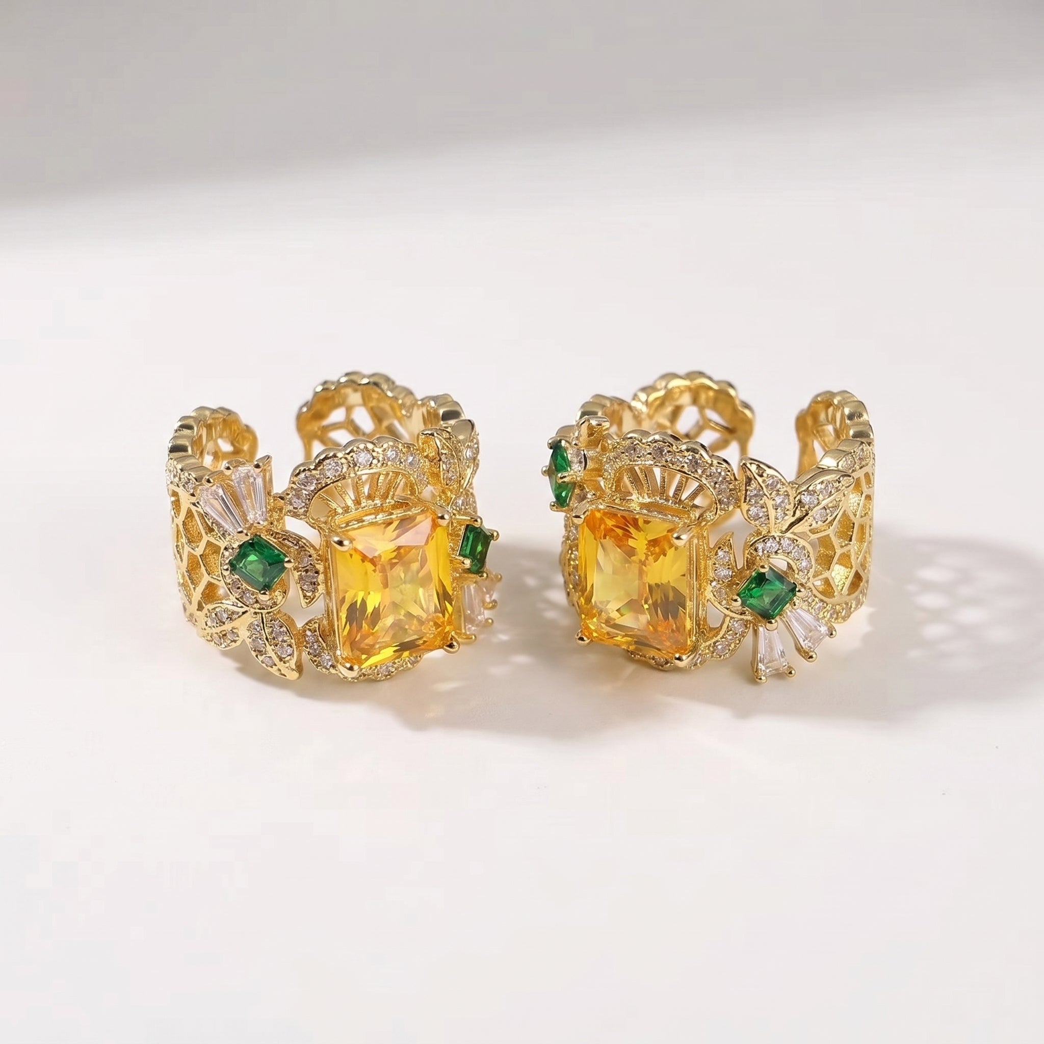 Golden Epoch | Radiant Citrine & Emerald Art Deco Statement Ring