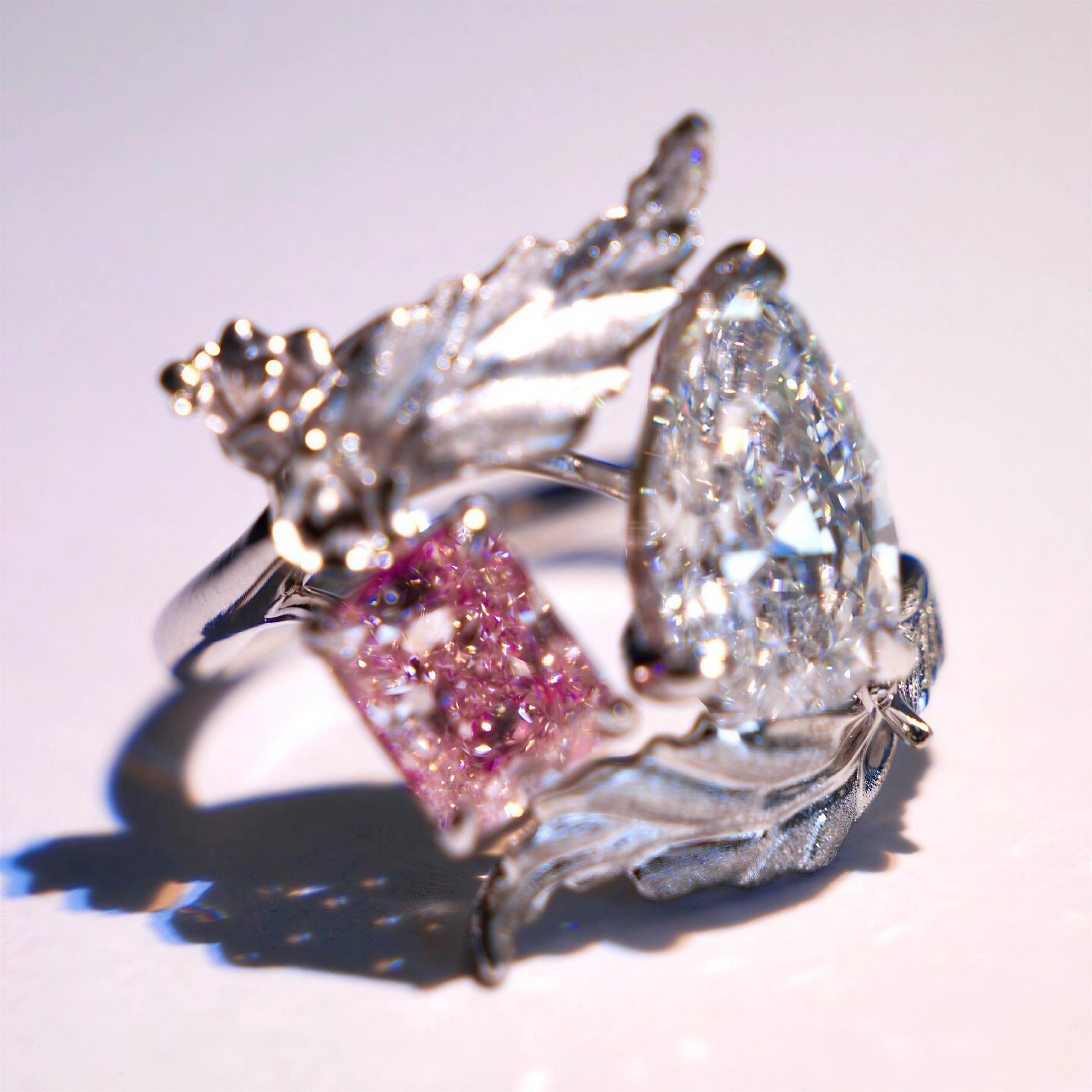 Floral Leaf Pink & White Stone Bypass Ring