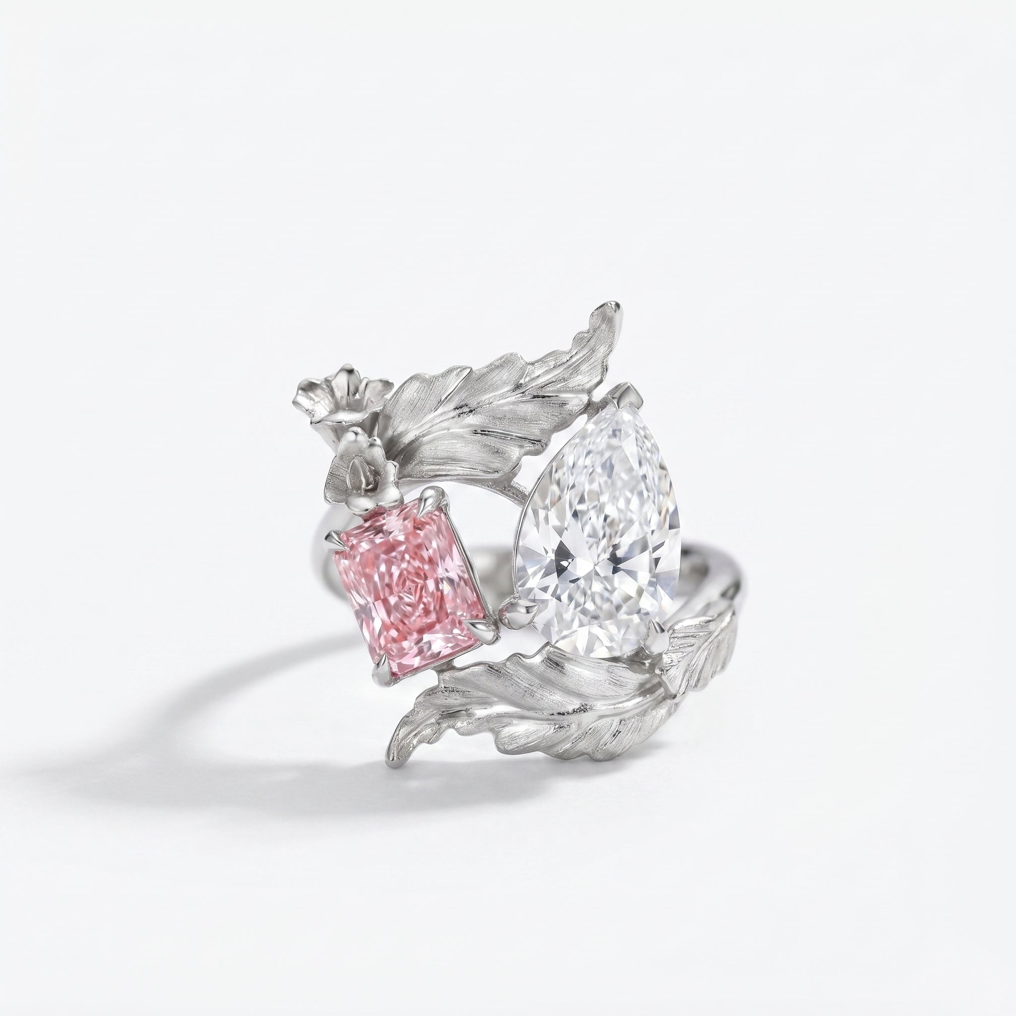 Floral Leaf Pink & White Stone Bypass Ring