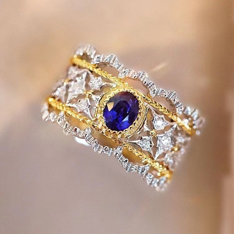 Royal Heirloom | Vintage-Inspired Two-Tone Filigree Statement Ring with Sapphire-Tone Center
