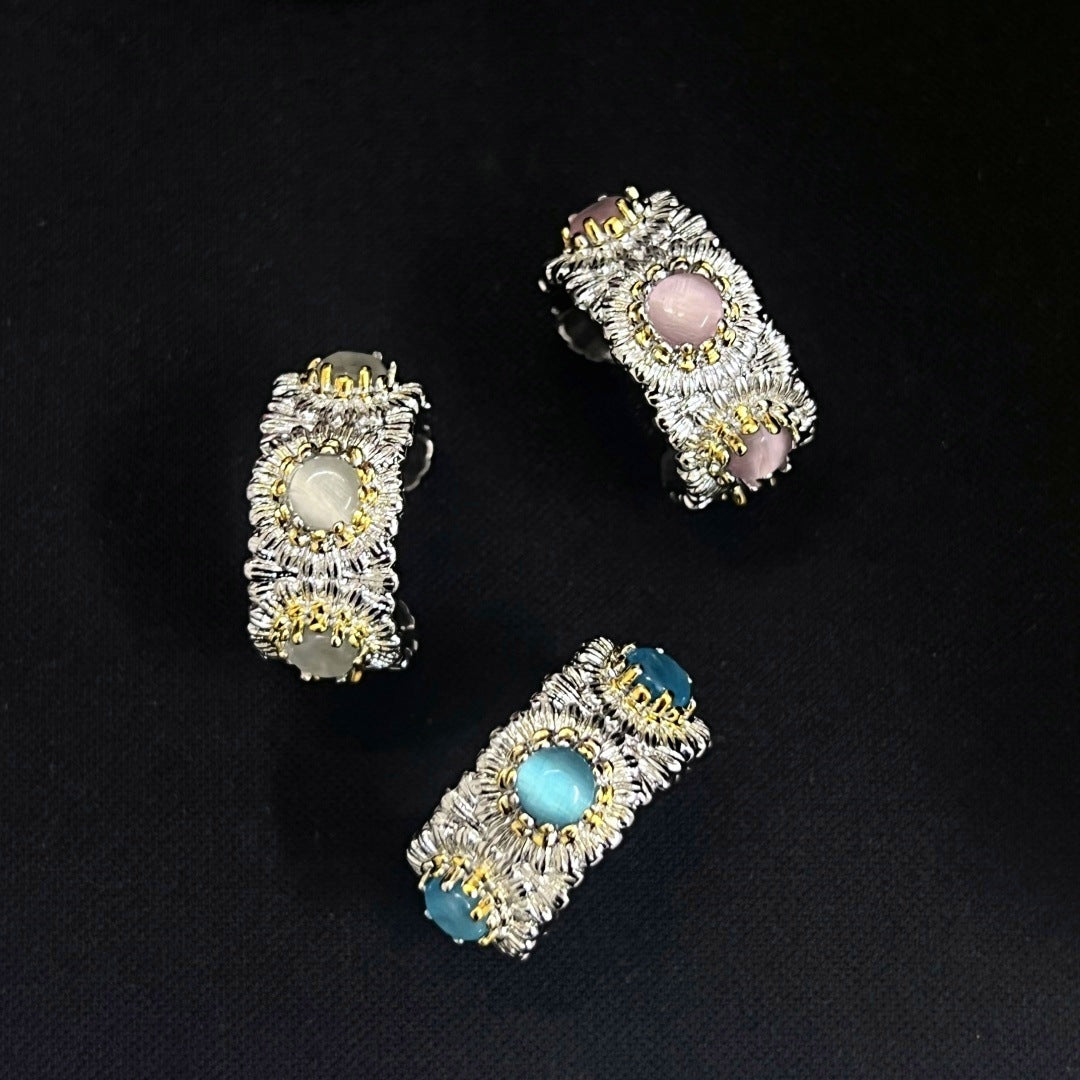 Floral Radiance | Artisan Two-Tone Cat’s Eye & Sunflower Statement Ring