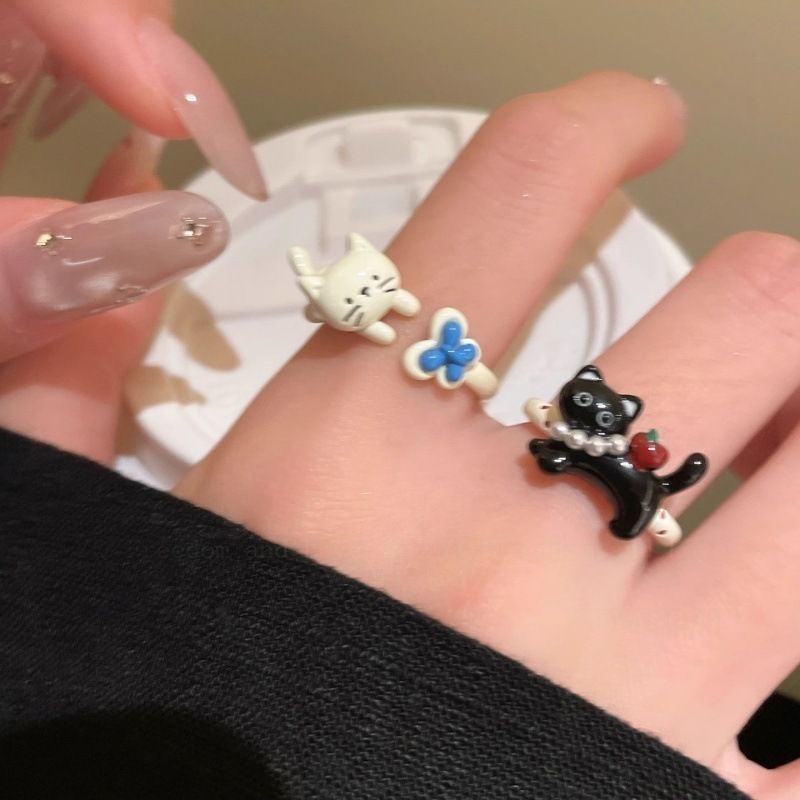Meow & Forever | Cute Black & White Cat Enamel Stacking Ring