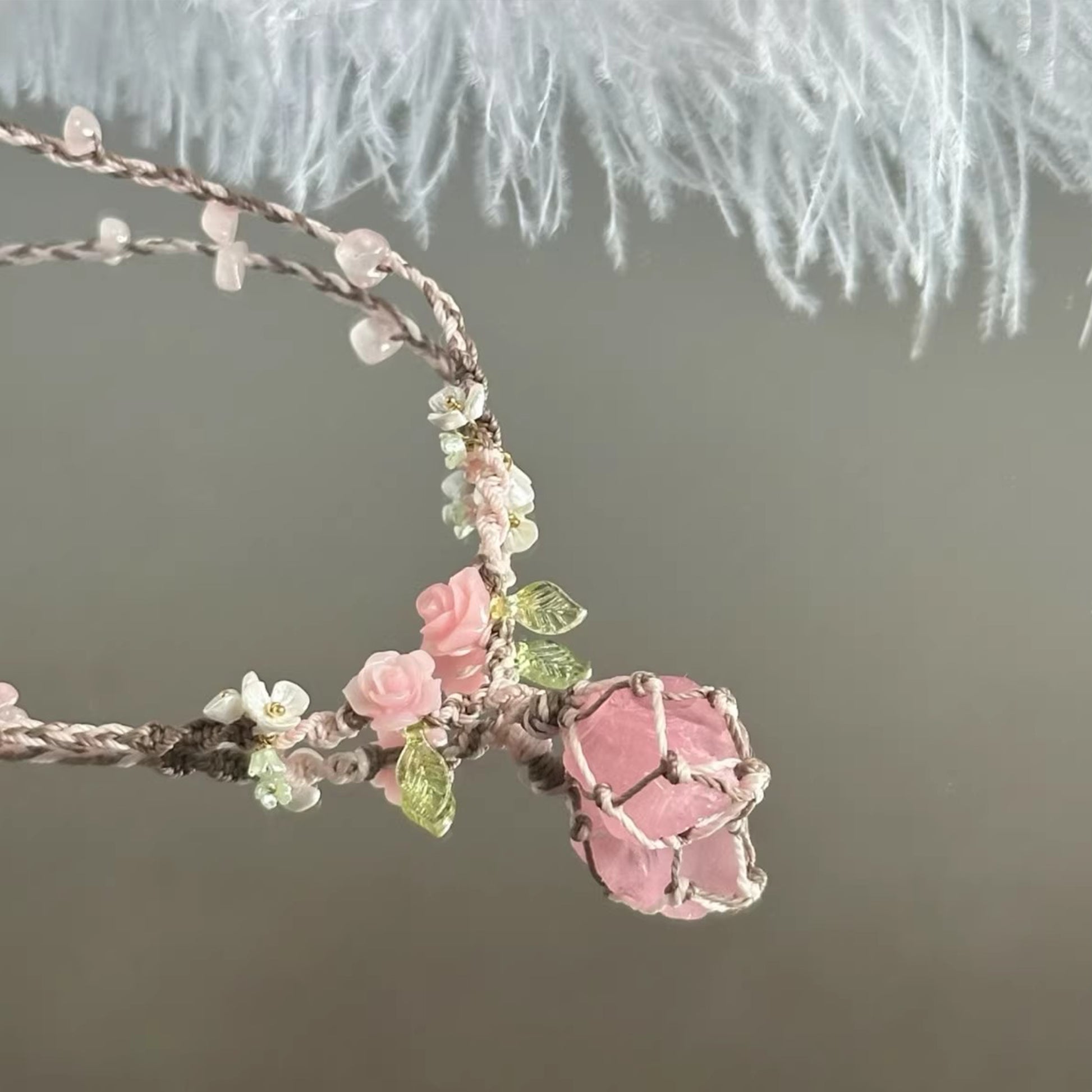 Hand-sculpted flower rose quartz pendant macramé necklace