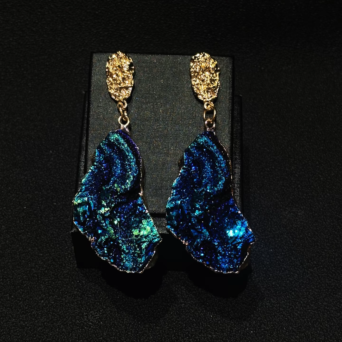 Electric blue geode dangle earrings for formal evening wear