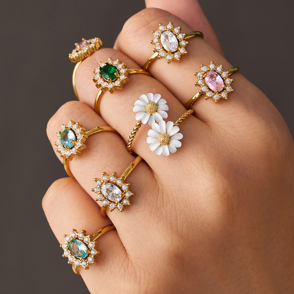 Stainless Steel Stained Glass Flower Open Ring