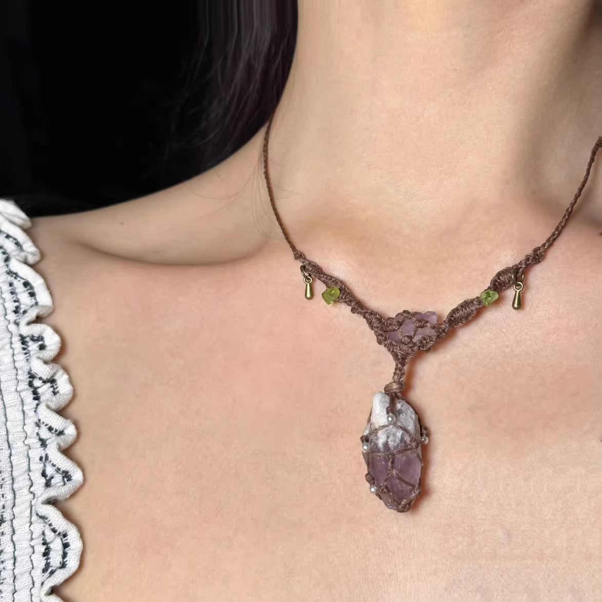 Purple Snow Mountain raw amethyst necklace worn by model boho wizard style