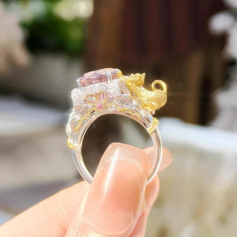 The Guardian’s Jewel | Artisan Sculpted Cat & Pink Gemstone Statement Ring