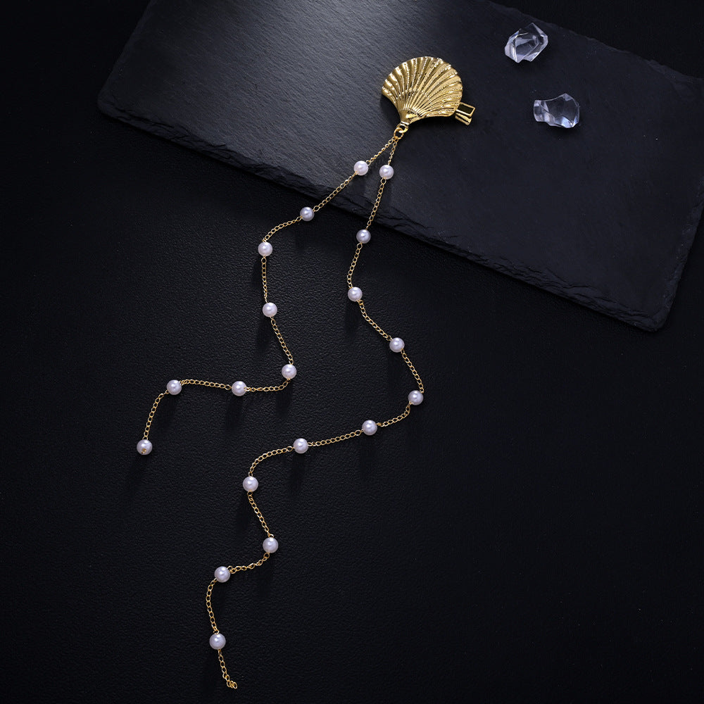 Ocean Siren | Gold Seashell & Pearl Tassel Hair Clip