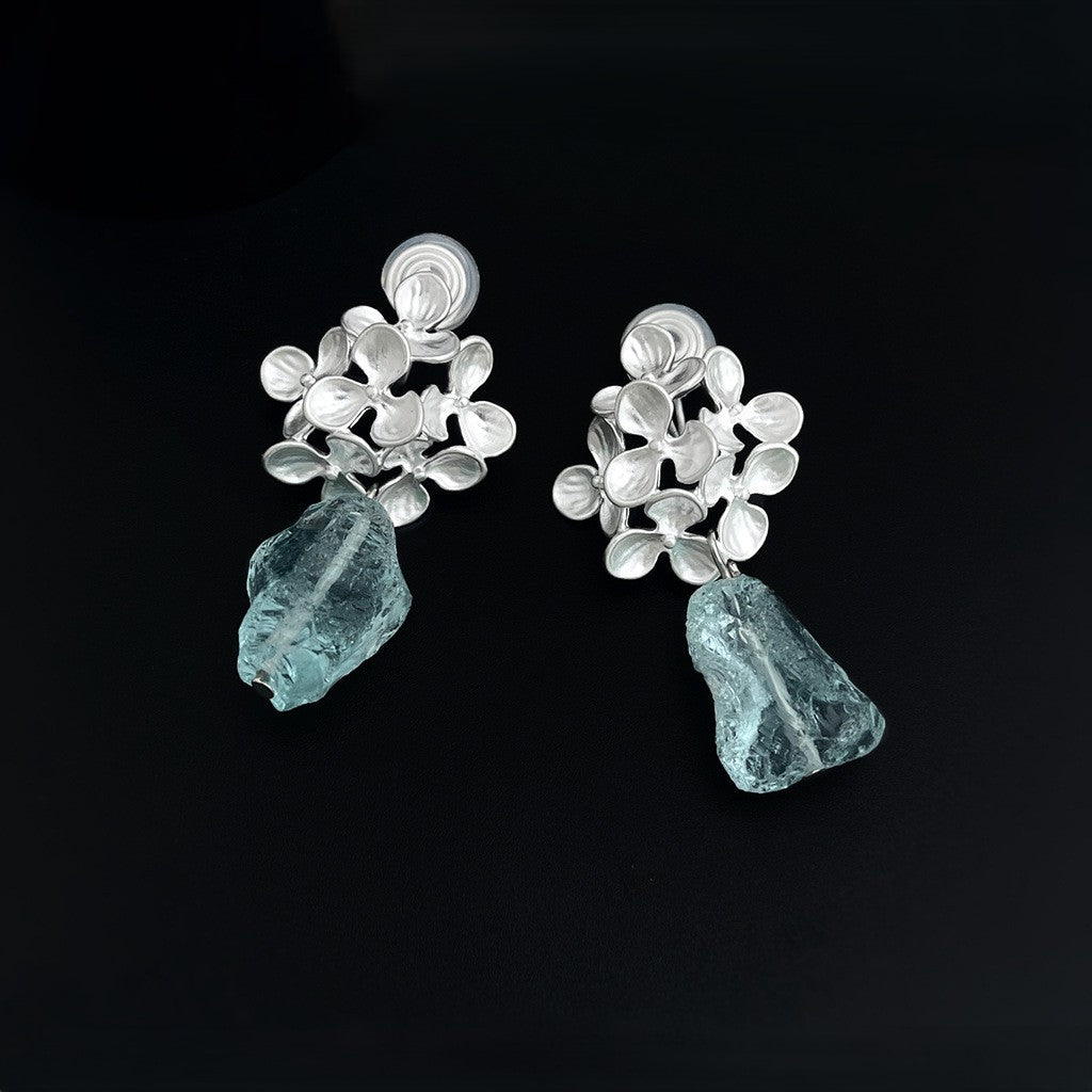 Botanical Serenity | Hand-Sculpted Floral Cluster & Raw Gemstone Dangle Earrings
