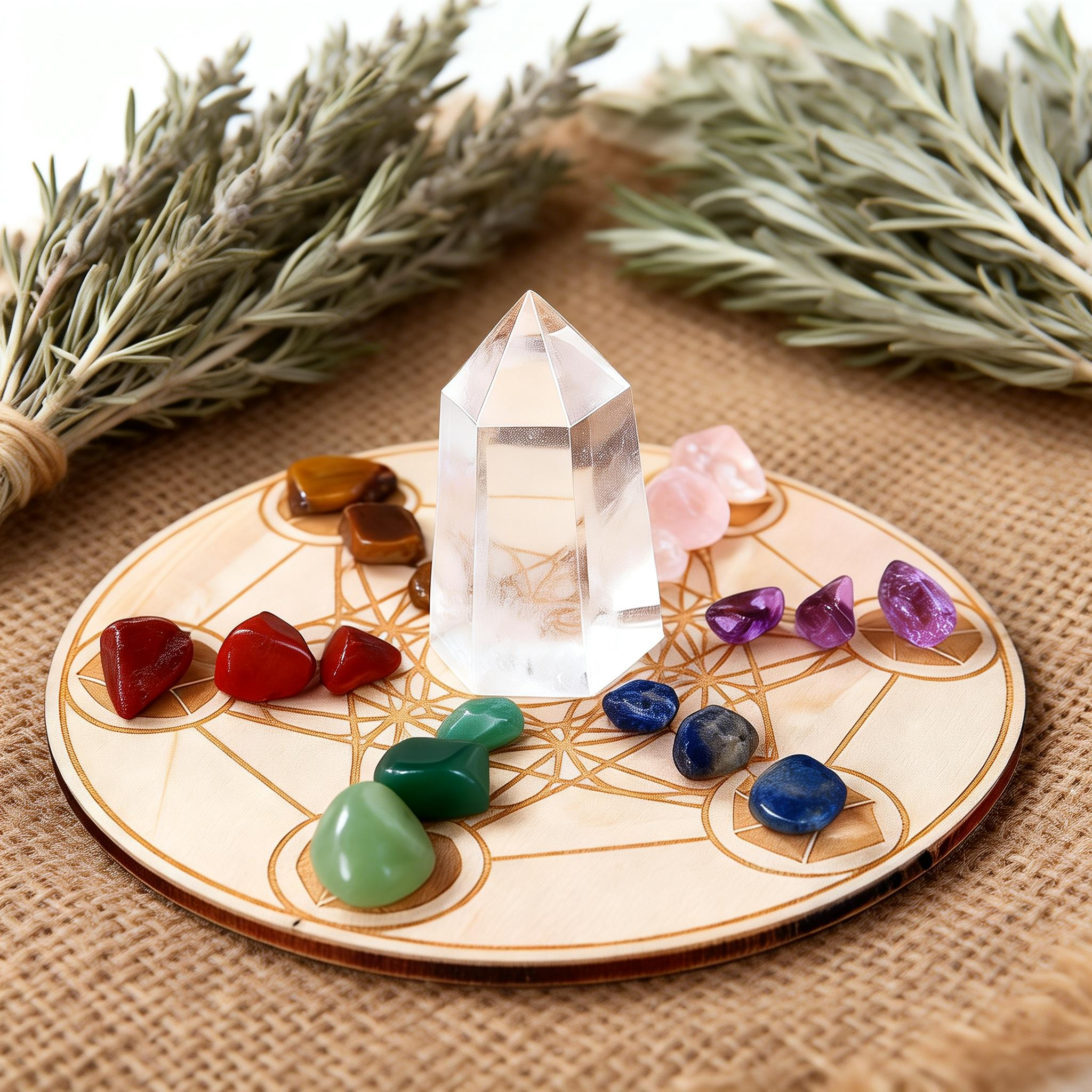Crystal grid with various crystals and a crystal tower on a wooden surface with herbs in the background.
