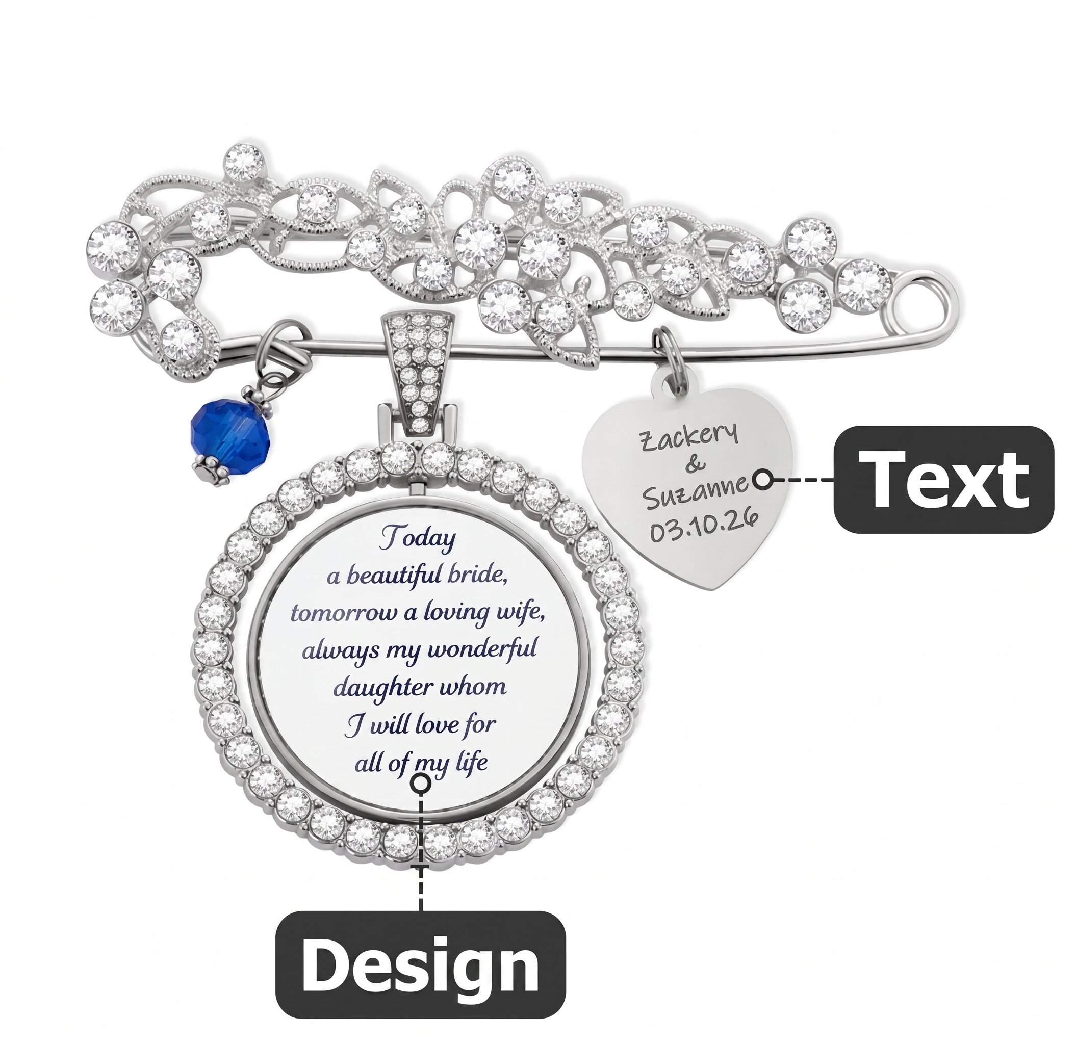 Today a Beautiful Bride Tomorrow a Loving Wife Always My Wonderful Daughter -- Personalized Engraved Bouquet Charm Pin Brooch