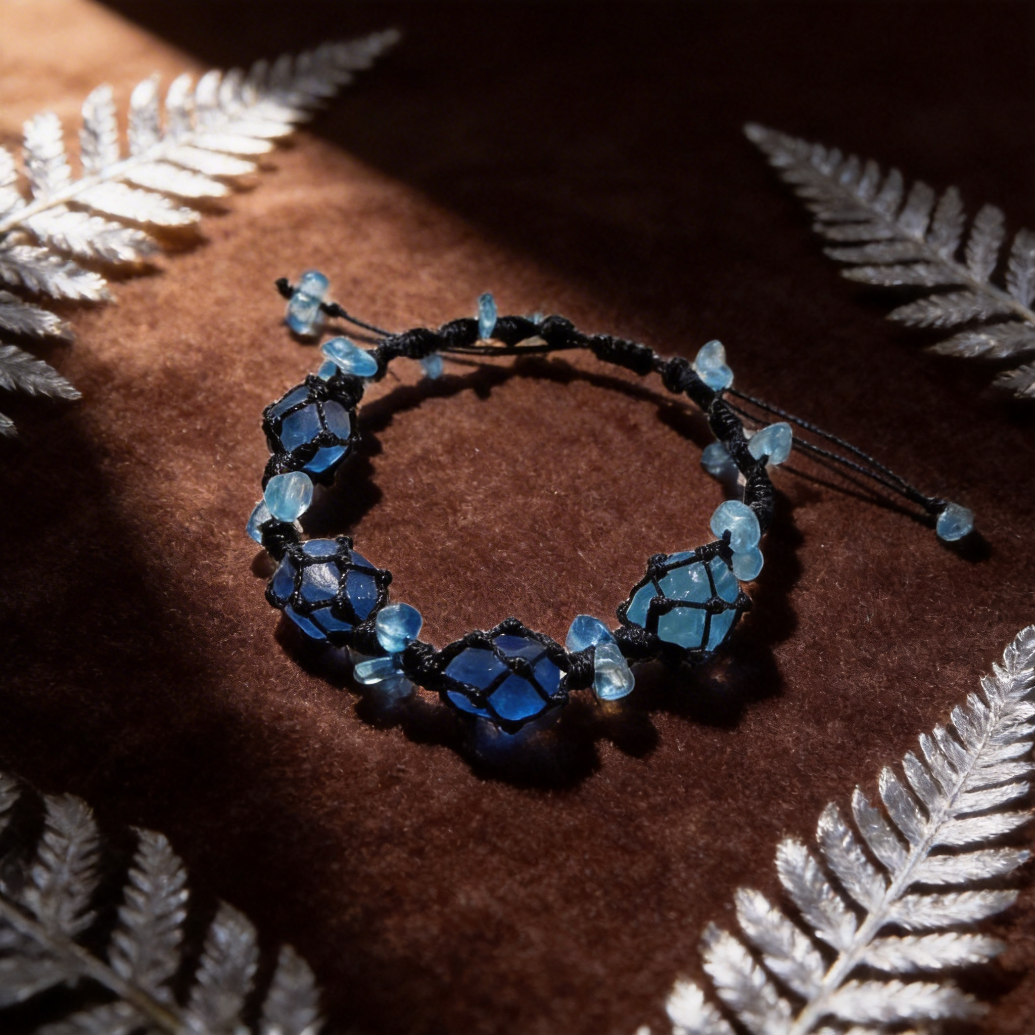 Blue raw stone jewelry in black macramé cage artisan crafted