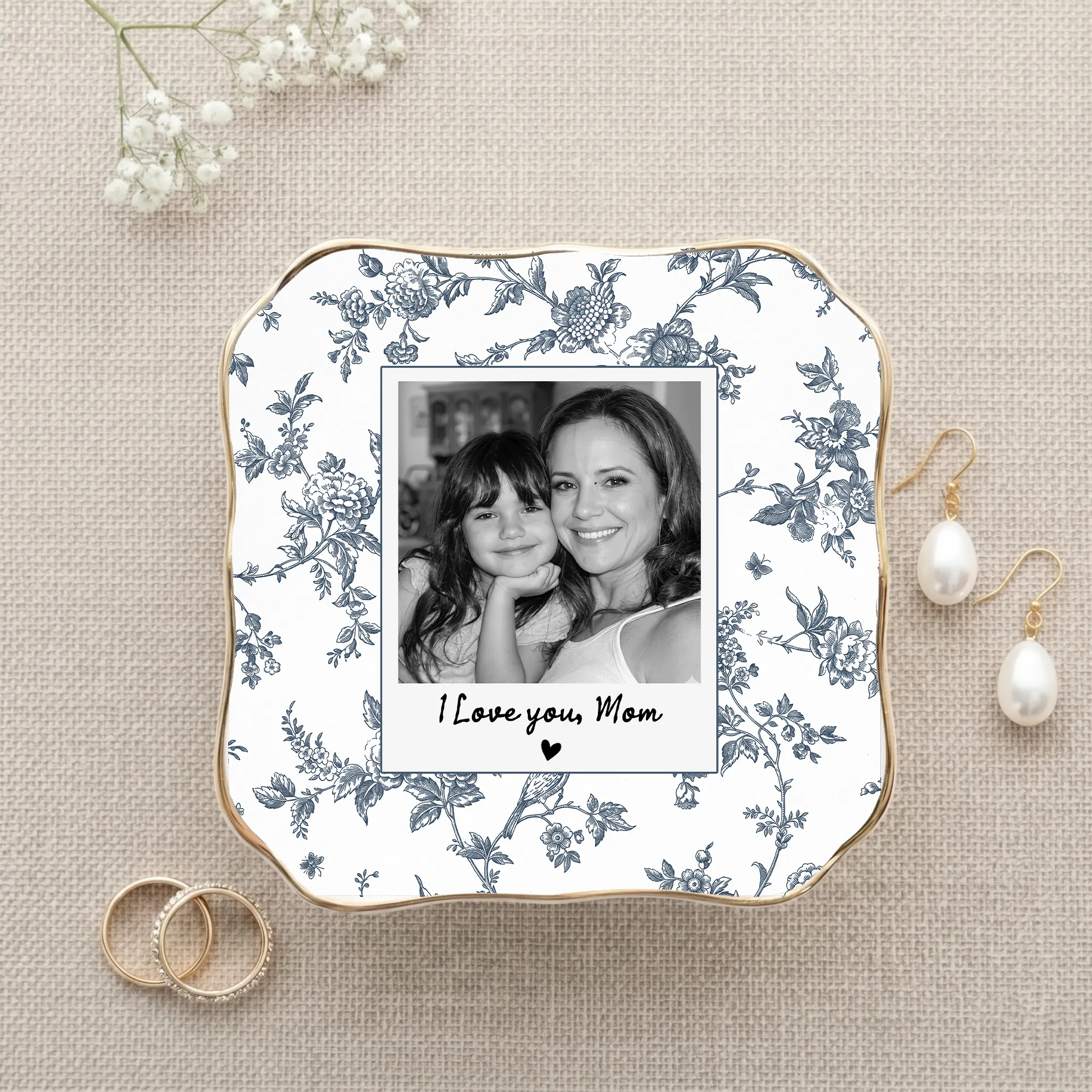 Personalized Photo Trinket Tray - Toile De Jouy Ceramic Jewelry Dish, Custom Picture Ring Holder Gift for Mom or Grandma, Mother’s Day Gift for Mom - Personalized Photo Ceramic Trinket Tray