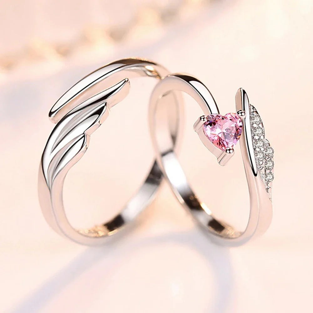 Set of 2 Pink Heart and Studded Adjustable Couple Ring for Valentines Gift