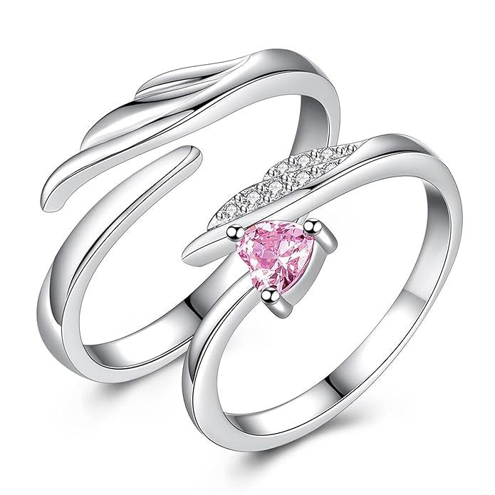 Set of 2 Pink Heart and Studded Adjustable Couple Ring for Valentines Gift