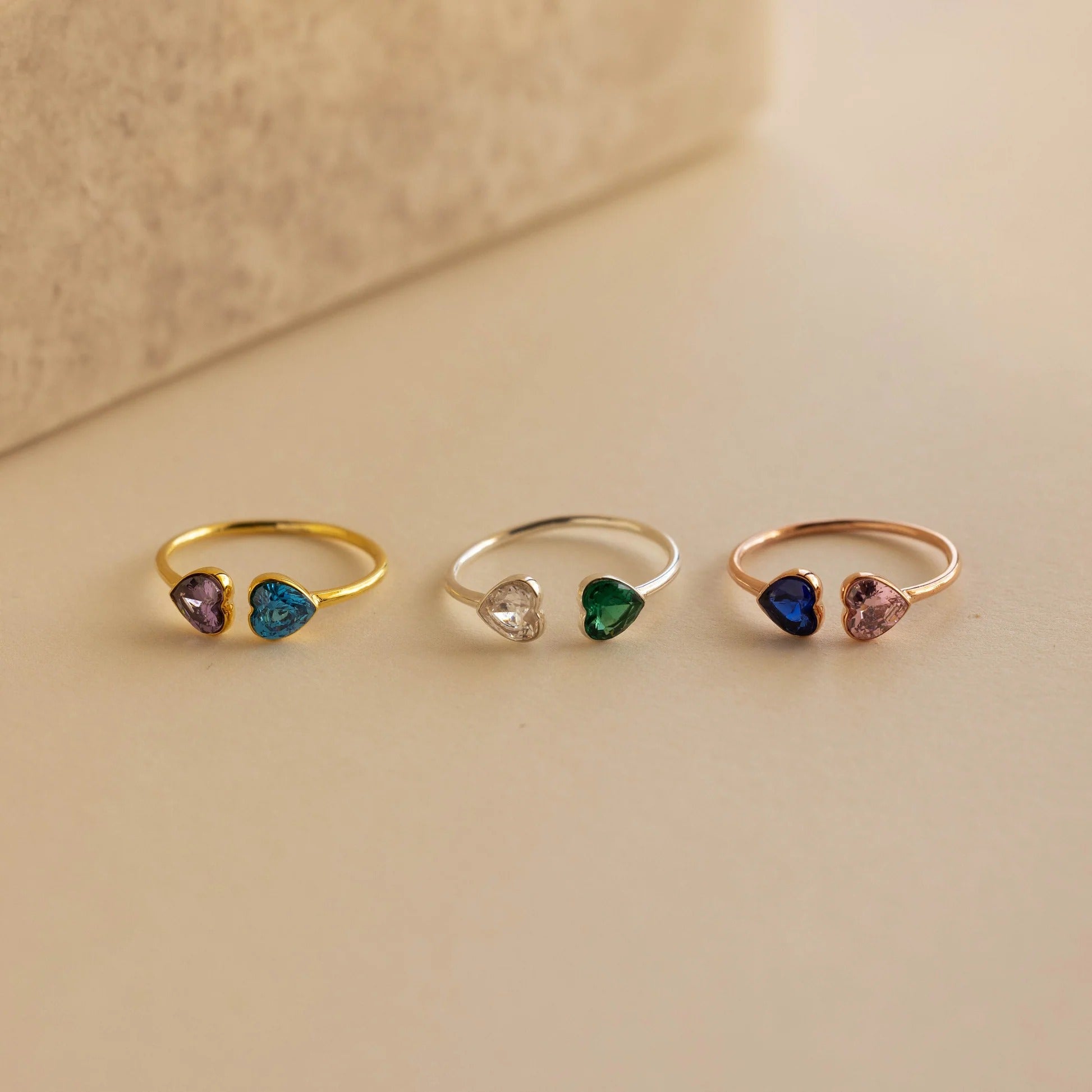 MOTHER AND DAUGHTER FOREVER LINK DOUBLE HEART CUSTOM BIRTHSTONE RING