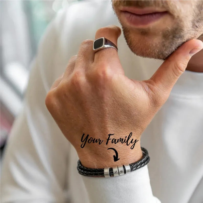 Father's Day Gift Men Braided Leather Bracelet with Small Custom Beads