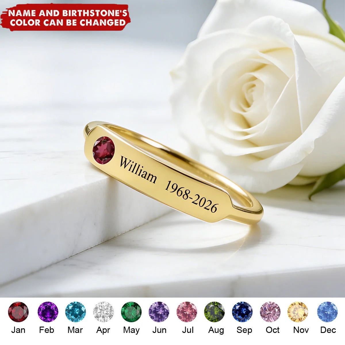 FOR MEMORIAL - PERSONALIZED NAME & BIRTHSTONE RING