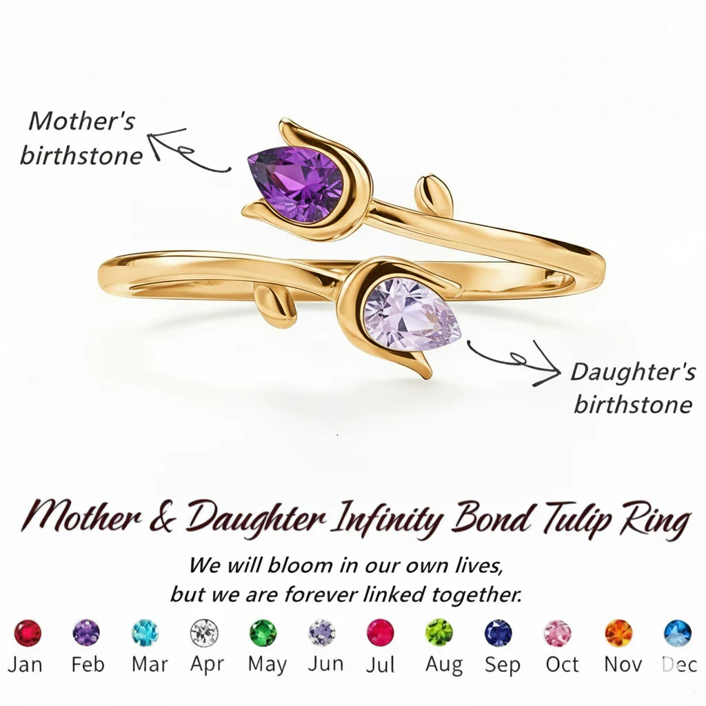 Mother & Daughter Double Birthstones Tulip Ring